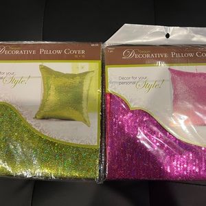 Sequin decorative pillow covers (2). Green and pink